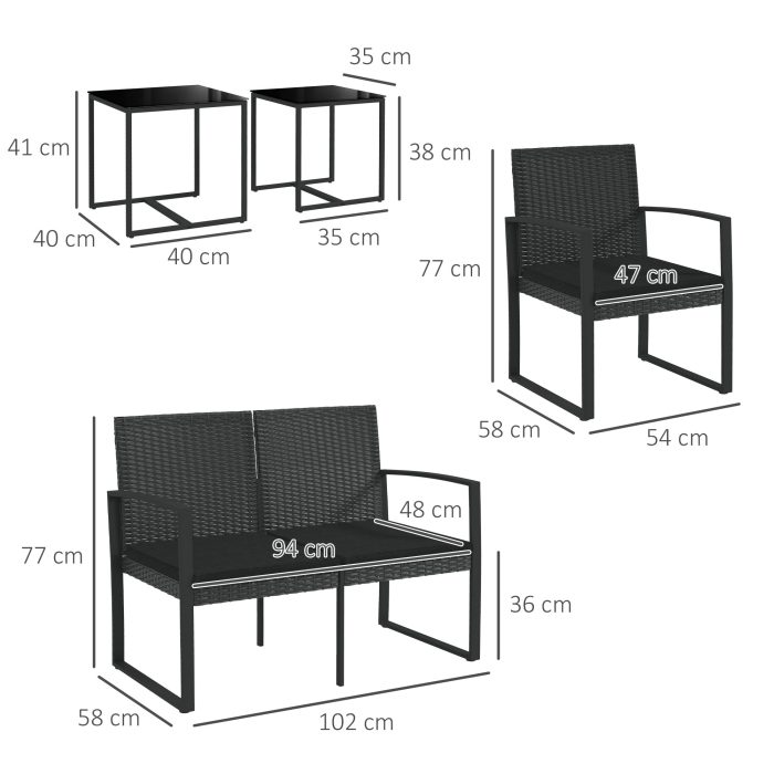 Conjunto Móveis de Jardim de Vime Sintético com 2 Poltronas Individuais 1 Sofá Duplo e 2 Mesas de Centro Preto - Image 3