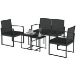 Conjunto Móveis de Jardim de Vime Sintético com 2 Poltronas Individuais 1 Sofá Duplo e 2 Mesas de Centro Preto - Image 2