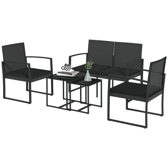 Conjunto Móveis de Jardim de Vime Sintético com 2 Poltronas Individuais 1 Sofá Duplo e 2 Mesas de Centro Preto - Image 2