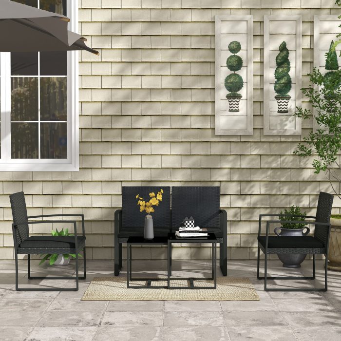 Conjunto Móveis de Jardim de Vime Sintético com 2 Poltronas Individuais 1 Sofá Duplo e 2 Mesas de Centro Preto - Image 7