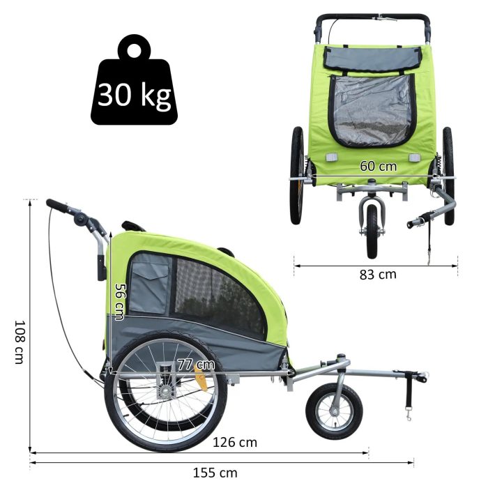 Reboque Bicicleta 2 em 1 com Guiador Amortecimento Roda Giratória 360° Refletores 155x83x108 cm Verde e Cinza - Image 3