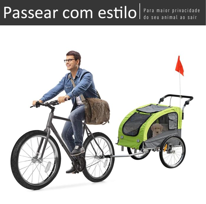 Reboque Bicicleta 2 em 1 com Guiador Amortecimento Roda Giratória 360° Refletores 155x83x108 cm Verde e Cinza - Image 6
