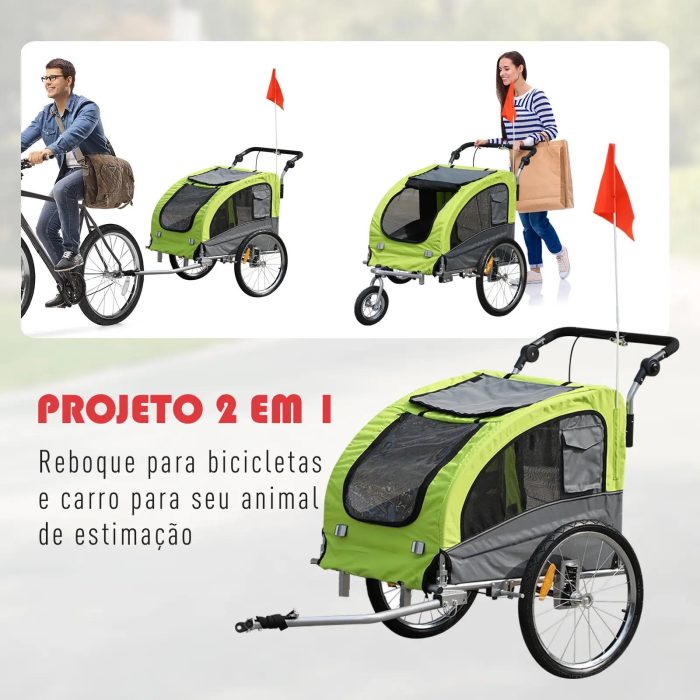 Reboque Bicicleta 2 em 1 com Guiador Amortecimento Roda Giratória 360° Refletores 155x83x108 cm Verde e Cinza - Image 4