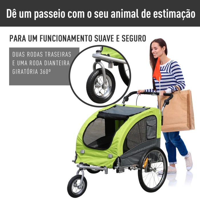 Reboque Bicicleta 2 em 1 com Guiador Amortecimento Roda Giratória 360° Refletores 155x83x108 cm Verde e Cinza - Image 5