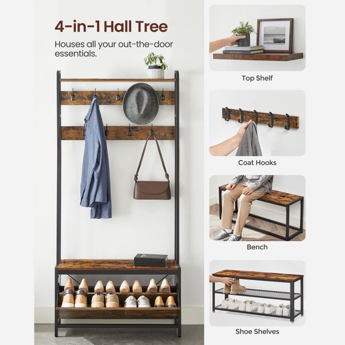 Cabide Bengaleiro Hall com sapateira 30 x 85 x 180 cm Castanho Vintage-preto - Image 2