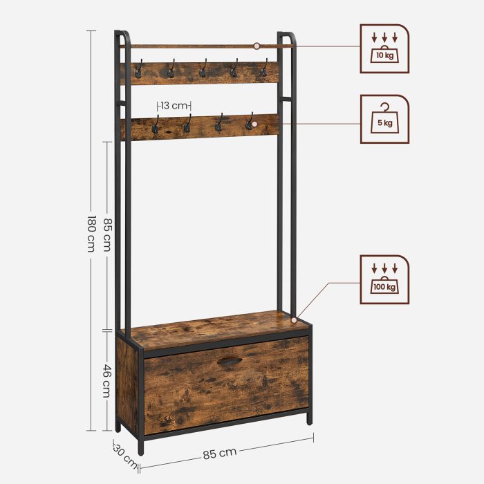 Cabide Bengaleiro Hall com sapateira 30 x 85 x 180 cm Castanho Vintage-preto - Image 7