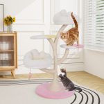 Arranhador para gatos com 2 poleiros 2 plataformas Bolas suspensas Centro de actividades Rosa - Image 9