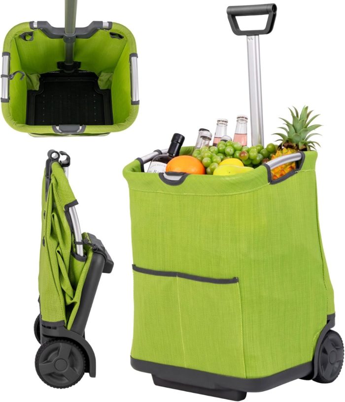 Carrinho de compras dobrável 50L portátil de alumínio com 3 bolsos e guiador retrátil leve para campismo e vestuário de campismo Verde - Image 1
