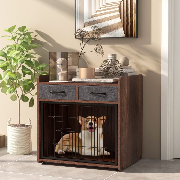 Gaiola para cães com 2 gavetas em tecido Porta com fecho para cães pequenos e médios 62 × 49,5 × 63 cm Castanho - Image 1