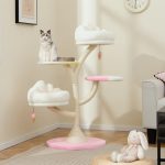 Arranhador para gatos com 2 poleiros 2 plataformas Bolas suspensas Centro de actividades Rosa