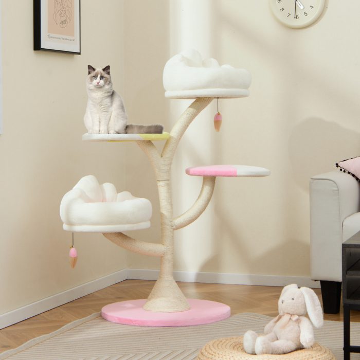 Arranhador para gatos com 2 poleiros 2 plataformas Bolas suspensas Centro de actividades Rosa - Image 1