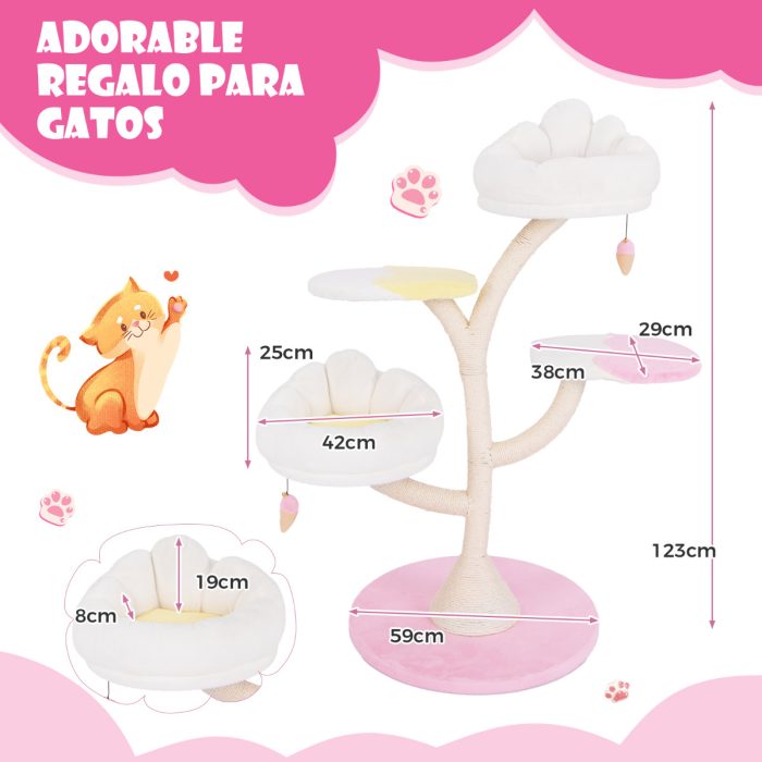 Arranhador para gatos com 2 poleiros 2 plataformas Bolas suspensas Centro de actividades Rosa - Image 4