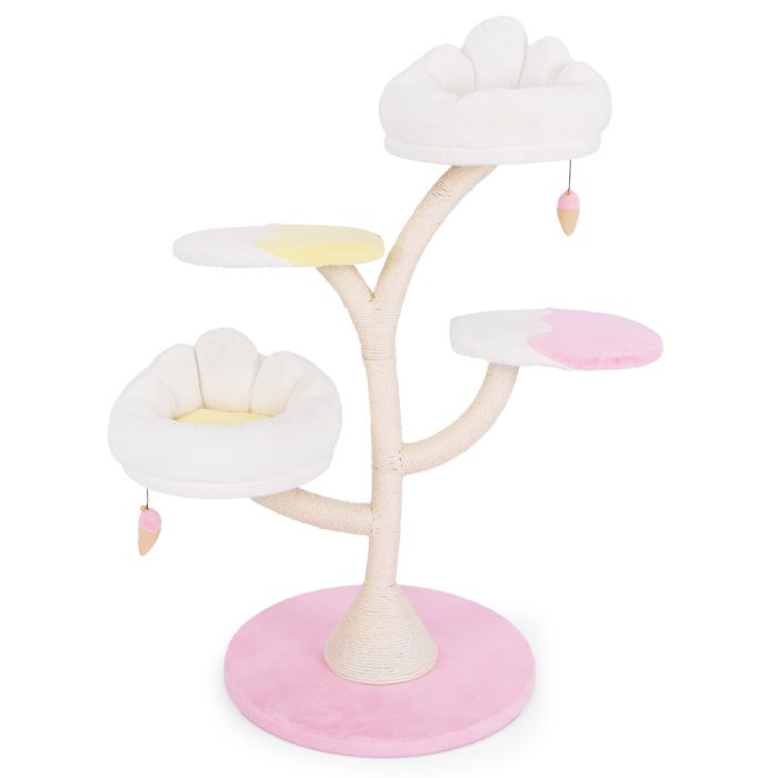 Arranhador para gatos com 2 poleiros 2 plataformas Bolas suspensas Centro de actividades Rosa - Image 3