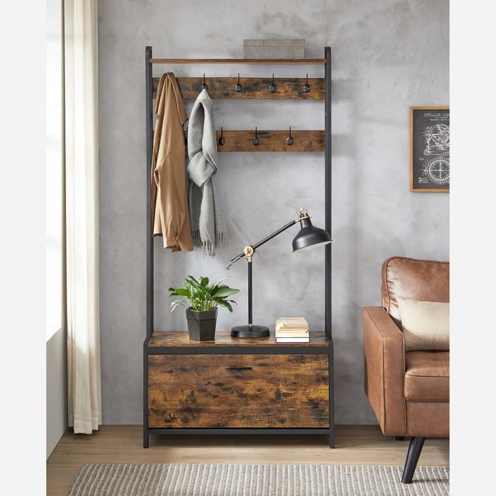 Cabide Bengaleiro Hall com sapateira 30 x 85 x 180 cm Castanho Vintage-preto - Image 9