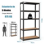 Estante de 5 níveis com prateleiras ajustáveis com estrutura de aço resistente para escritório em casa quarto garagem 90 x 40 x 180cm Preto - Image 3