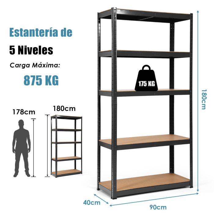 Estante de 5 níveis com prateleiras ajustáveis com estrutura de aço resistente para escritório em casa quarto garagem 90 x 40 x 180cm Preto - Image 3