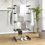 Estendal Vertical Dobrável de 4 Níveis com 6 Rodas 2 Laterais Dobráveis Prateleiras Ajustáveis 142x55x172cm Preto