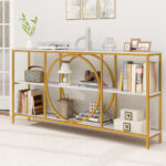 Mesa consola de 3 níveis com imitação tampo de mármore com estrutura metálica 180 x 30 x 90 cm Dourada e branca