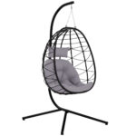 Cadeira Suspensa com Suporte Baloiço Jardim com Cesto Dobrável Almofada e Apoio de Cabeça 98x95x198 cm Cinzento - Image 2