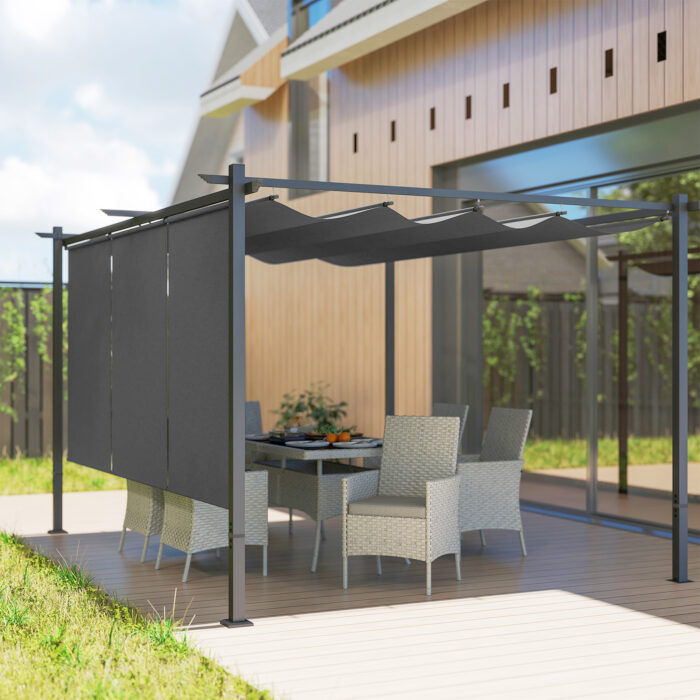 Pérgola com Teto Retrátil de 4x3 m Pérgola de Parede ou Independente com Lados Enroláveis Proteção UV30+ Cinzento - Image 8