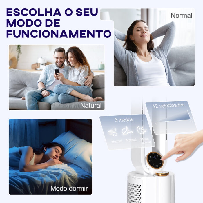 Ventoinha sem Hélices com Esterilização UV 12 Velocidades Purificador de Ar Humidificador Temporizador 8H Oscilação 90° 24x26,5x97 cm Branco - Image 5