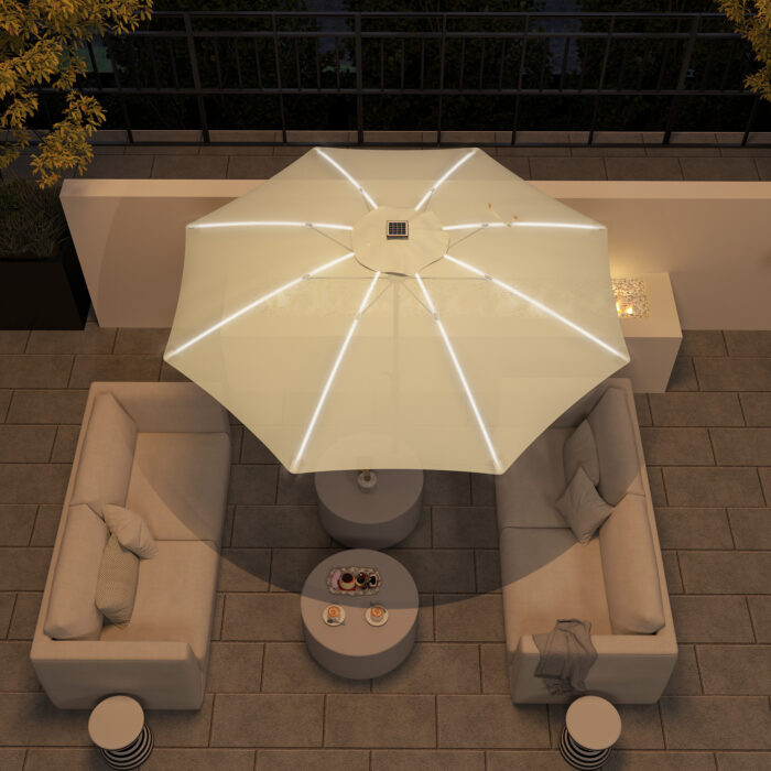 Chapéu de Sol de Jardim com Luzes LED Ø300x256 cm Manivela  Proteção UV50+ e Mastro de Alumínio Creme - Image 9