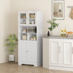 Armário de Cozinha Armário Alto de Cozinha com 2 Portas de Vidro Prateleiras Ajustáveis 60x30x145,5 cm Branco