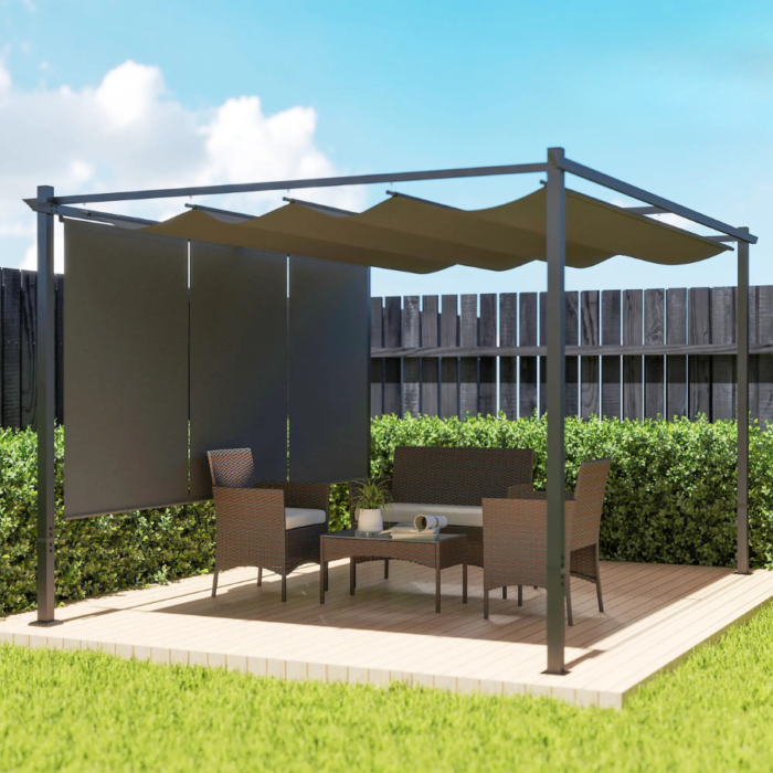 Pérgola com Teto Retrátil de 4x3 m Pérgola de Parede ou Independente com Lados Enroláveis Proteção UV30+ Cinzento - Image 1
