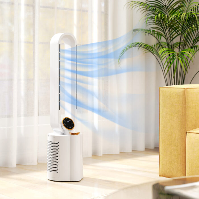 Ventoinha sem Hélices com Esterilização UV 12 Velocidades Purificador de Ar Humidificador Temporizador 8H Oscilação 90° 24x26,5x97 cm Branco - Image 1