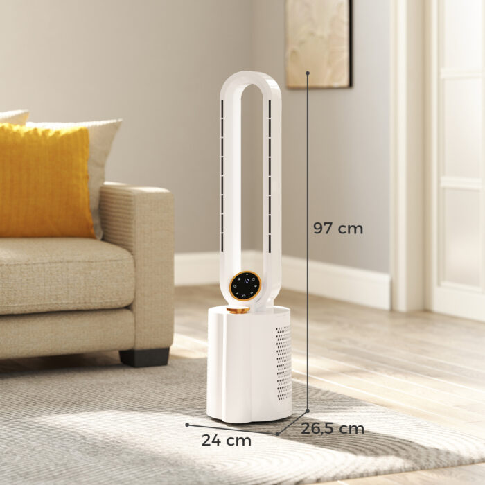 Ventoinha sem Hélices com Esterilização UV 12 Velocidades Purificador de Ar Humidificador Temporizador 8H Oscilação 90° 24x26,5x97 cm Branco - Image 3