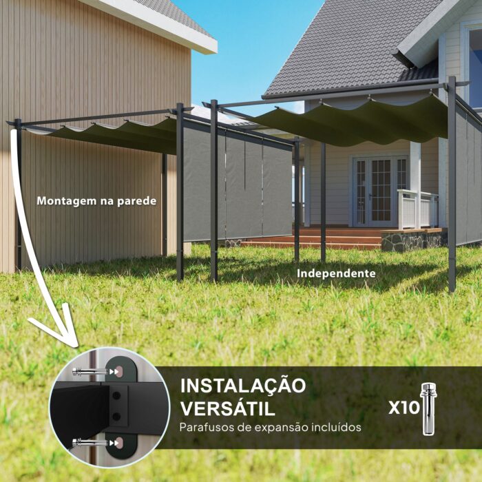 Pérgola com Teto Retrátil de 4x3 m Pérgola de Parede ou Independente com Lados Enroláveis Proteção UV30+ Cinzento - Image 6
