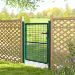 Portão de Jardim 97x150 cm para Vedação de Barra de Aço com Puxador Fechadura e 3 Chaves para Exterior Pátio Verde - Image 9