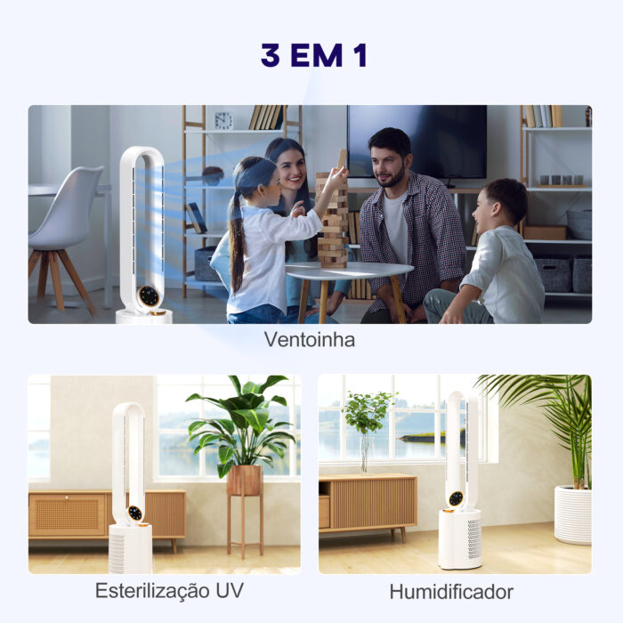 Ventoinha sem Hélices com Esterilização UV 12 Velocidades Purificador de Ar Humidificador Temporizador 8H Oscilação 90° 24x26,5x97 cm Branco - Image 4