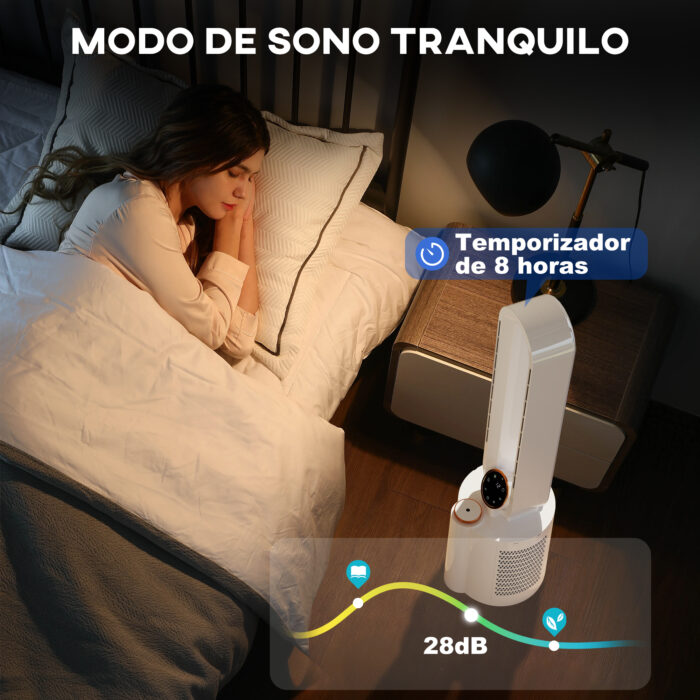 Ventoinha sem Hélices com Esterilização UV 12 Velocidades Purificador de Ar Humidificador Temporizador 8H Oscilação 90° 24x26,5x97 cm Branco - Image 8