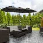 Chapéu de Sol Duplo 285x147x227cm Chapéu de Sol de Jardim com Inclinação de 45° Manivela Estrutura de Aço para Pátio Varanda Piscina Cinza