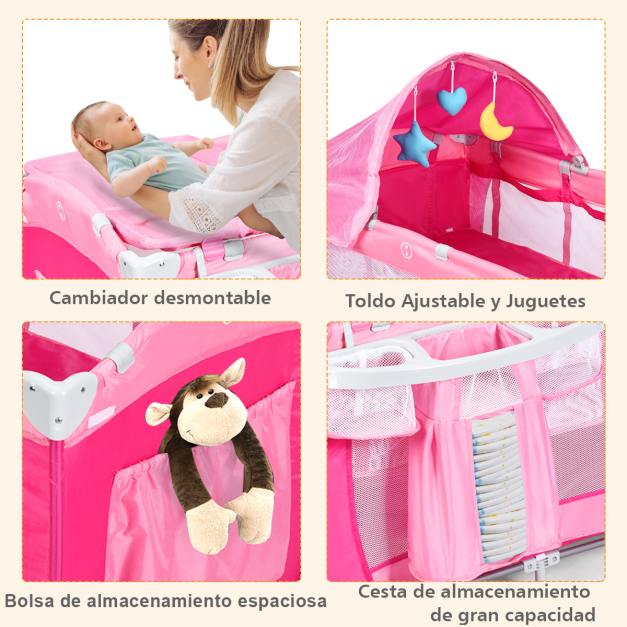 Berço dobrável 3 em 1 com trocador de fraldas, centro bebé portátil com  rodinhas, colchão, saco de manta, 110 x 82 x 82 cm, rosa