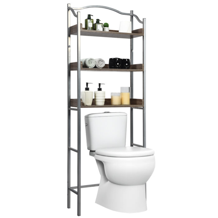 Armário de casa de banho sobre Sanita com Barra Ajustável Organizador de Banheiro  Prateleira 3 Níveis Estrutura Metálica 61 x 22,5 x 167,5 cm 