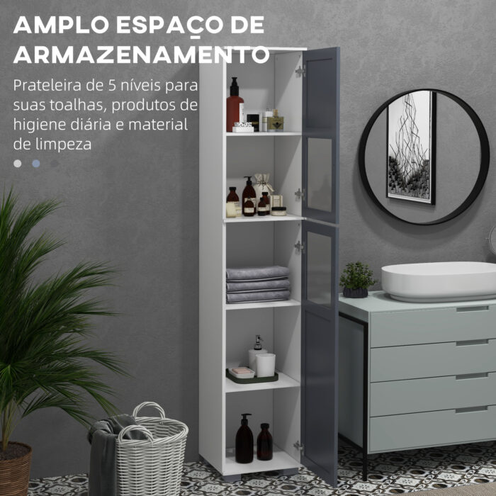 Coluna Casa de Banho com 2 Portas de Vidro Prateleiras Ajustáveis e Prateleira  de Armazenamento 45x30x170 cm Branco