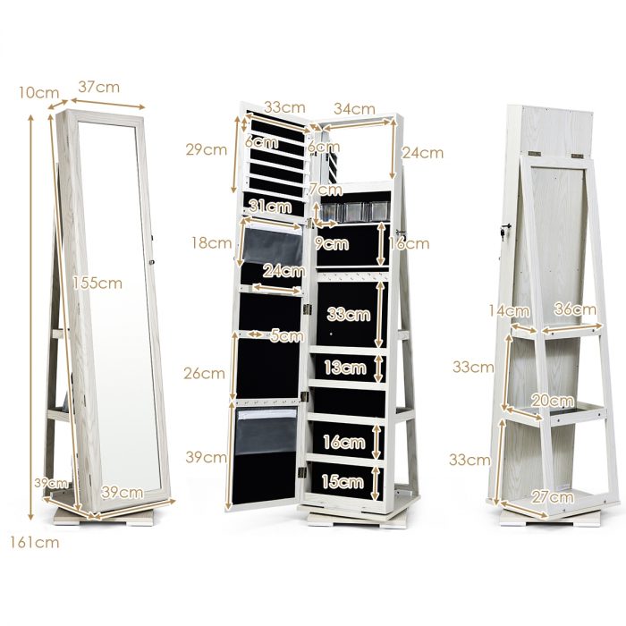 Guarda Joias Rotativo 360° com Espelho Organizador de Jóias de Todo o  Comprimento com Maquilhagem Espelho 39 x 39 x 161 cm Branco 