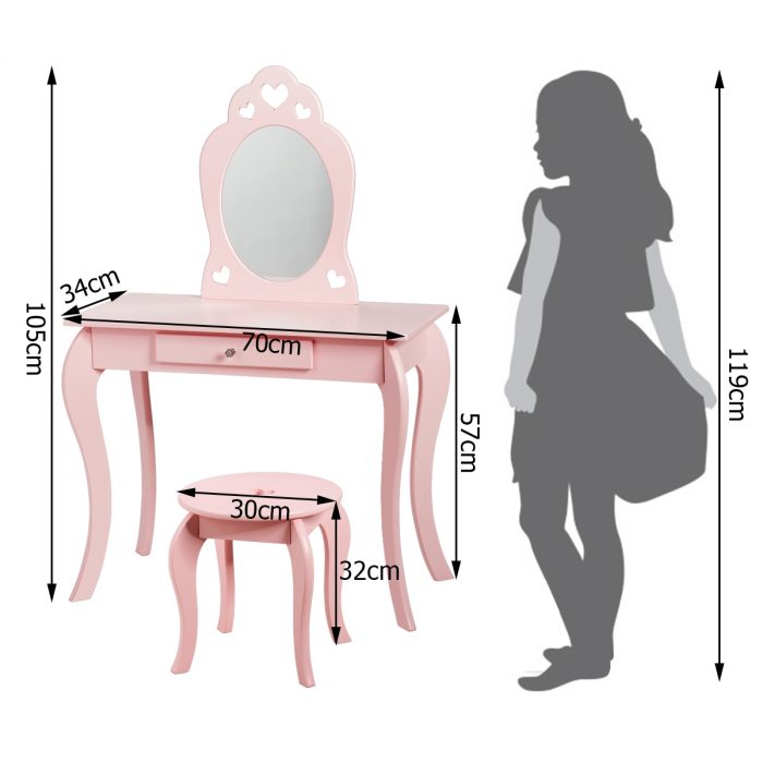 Conjunto Toucador e cadeira para Meninas com gaveta e espelho em 3 partes  80 x 42 x 106 cm Rosa