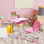 Conjunto de Mesa e Cadeira para Crianças de Estudo Regulável em Altura Cadeira de Mesa de Estudo Regulável Gaveta de Puxadores de Luz LED na Gaveta de Superfície Inclinada em Casa Escola Rosa