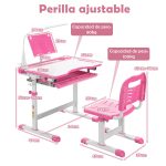 Conjunto de Mesa e Cadeira para Crianças de Estudo Regulável em Altura Cadeira de Mesa de Estudo Regulável Gaveta de Puxadores de Luz LED na Gaveta de Superfície Inclinada em Casa Escola Rosa - Image 3