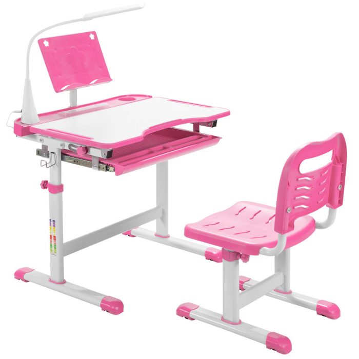 Conjunto de Mesa e Cadeira para Crianças de Estudo Regulável em Altura Cadeira de Mesa de Estudo Regulável Gaveta de Puxadores de Luz LED na Gaveta de Superfície Inclinada em Casa Escola Rosa - Image 2