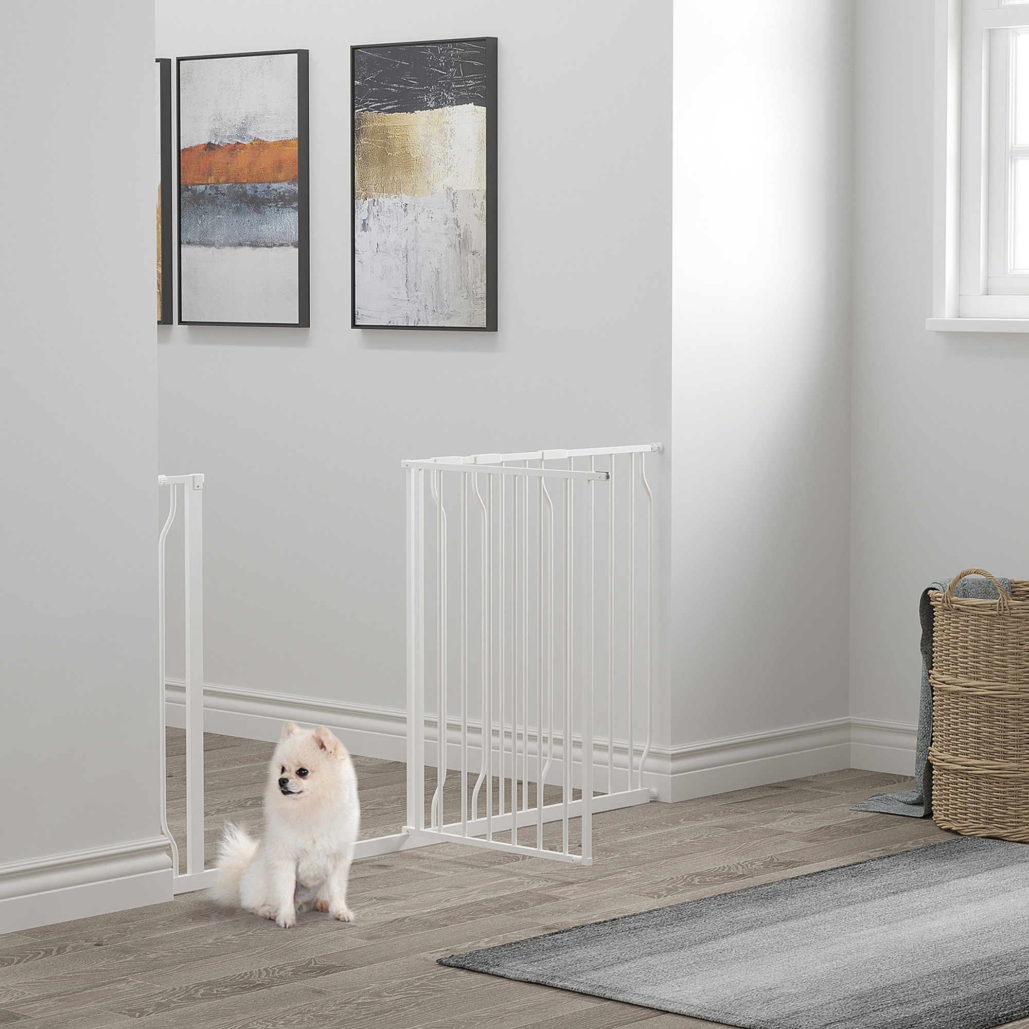 PawHut Barreira de Segurança Dobrável para Cães Grade de Proteção de 4  Painéis com Pés para Portas Escadas Corredor 204x30x61cm Branco