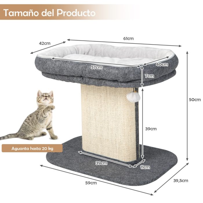 Arranhador gatos Pequena com torre de actividades com suporte para peluches e poste de arranhar em sisal 59 x 39,5 x 50 cm Cinzento - Image 4