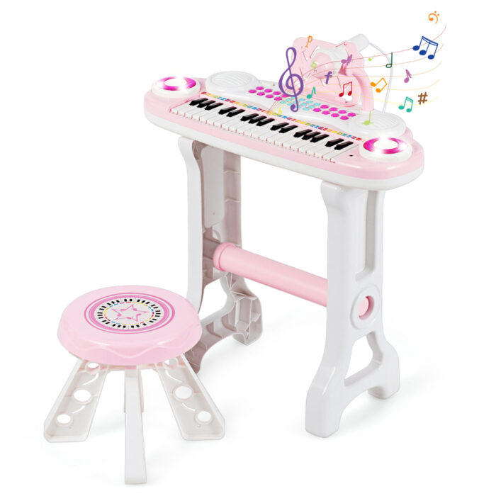 Piano Infantil Musical Microfone E Banquinho Função Gravação Cor Rosa Pilha